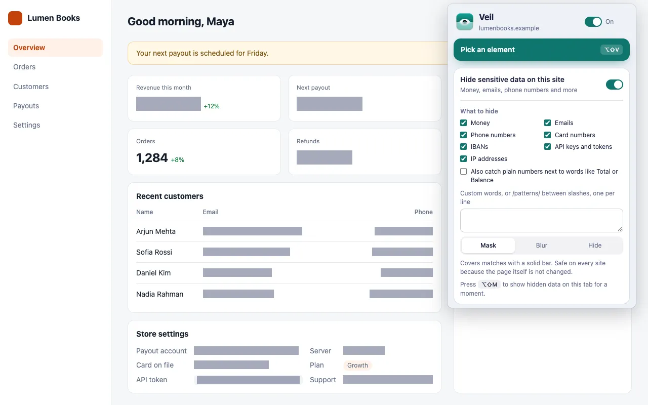 A store dashboard where Veil masks every amount, email, phone number, IBAN, card number, IP address and API token, with the Veil popup open