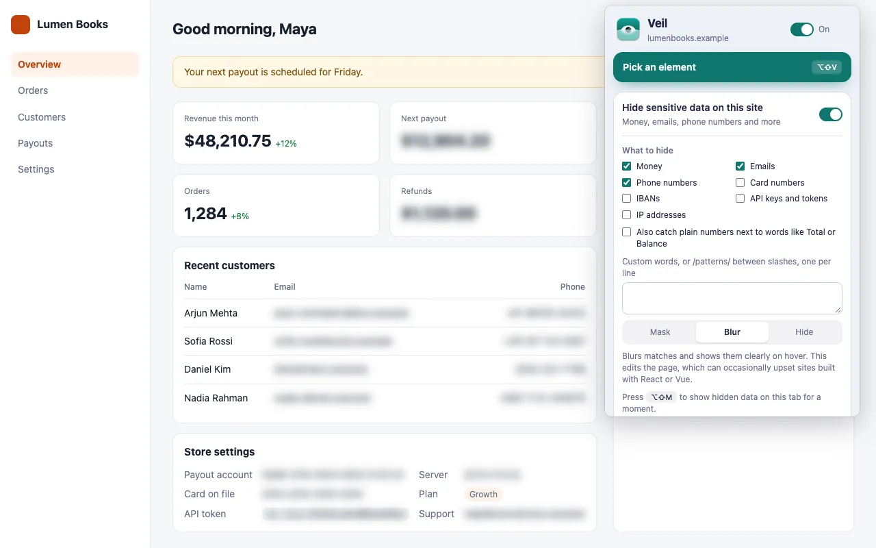A dashboard with blurred amounts, emails and phone numbers, and the Veil popup with Blur selected